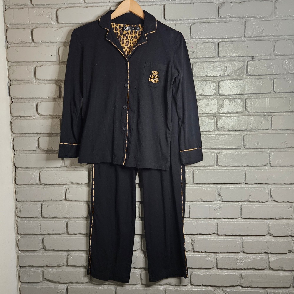 Lauren Ralph Lauren Womens Pajama Set Black Leopard Print Crest Logo Small